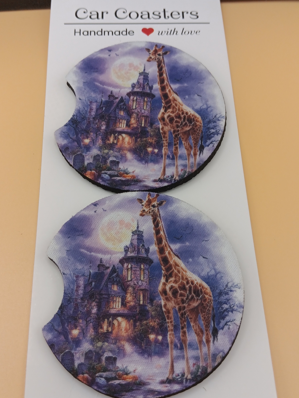 Giraffe Haunted House Car Coaster Set - Purple Moonlight
